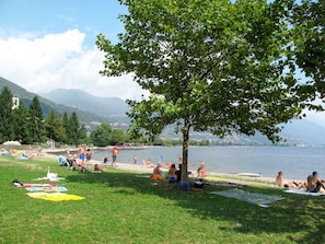 Ein Park am Seeufer mit Menschen, die sich in der Sonne sonnen und auf dem Gras entspannen, ein Baum spendet Schatten, und es gibt eine Sicht auf den See und entfernte Berge.