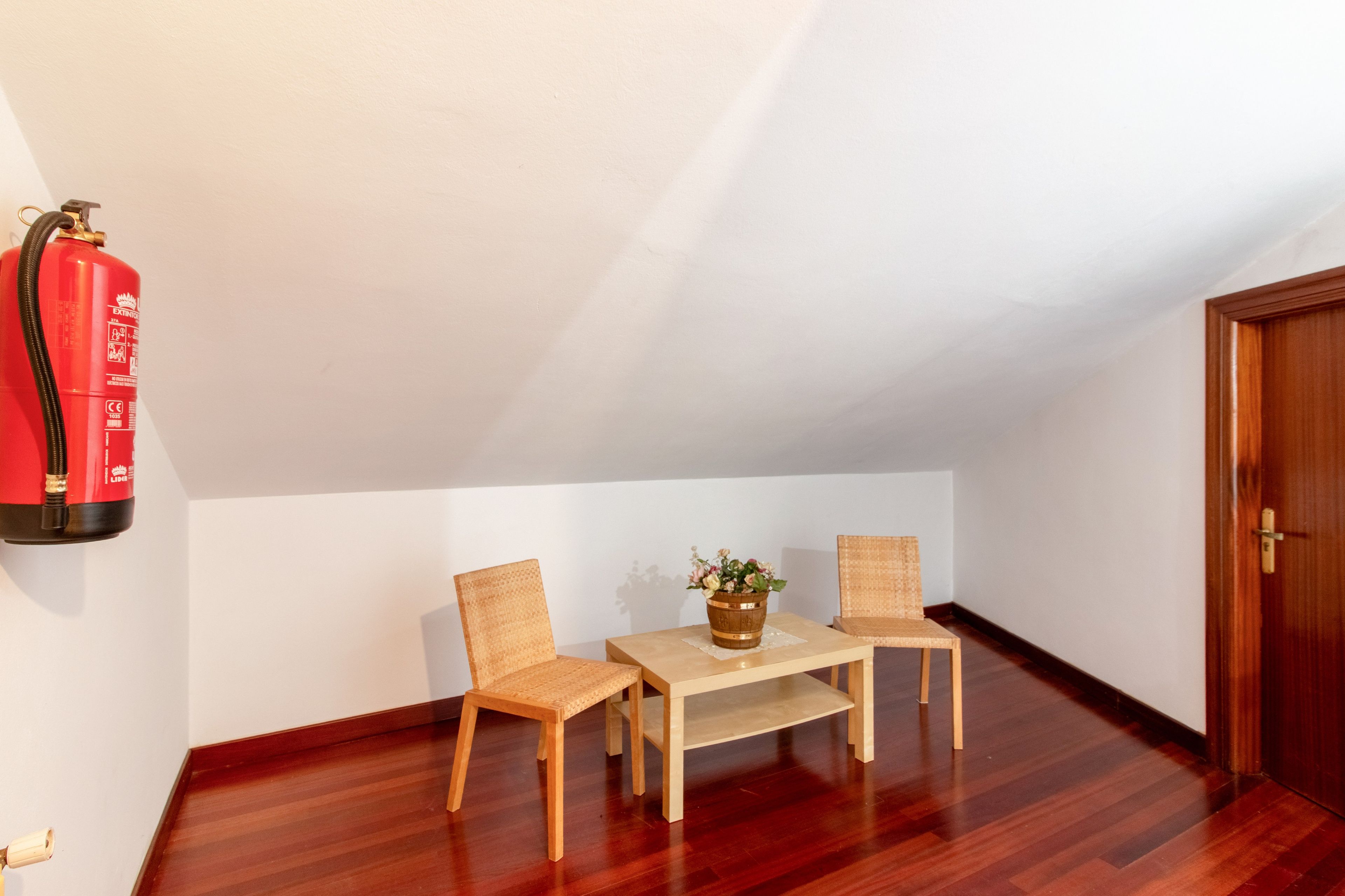 Ein kleiner, gut beleuchteter Raum mit Holzboden, einem Tisch mit Stühlen, einer Zimmerpflanze und einem an der Wand befestigten Feuerlöscher.