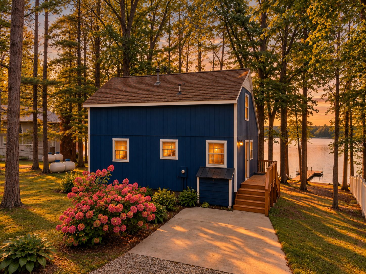 A small, single-story house with a dark blue exterior, a front porch, and a view of a lake.