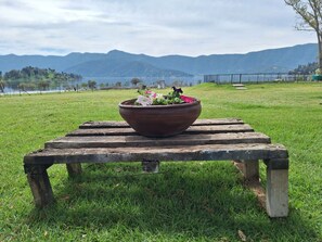 A rustic wooden bench with a bowl of flowers in the center, set against a backdrop of a grassy field and distant mountains.