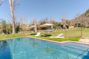 A clear swimming pool with lounge chairs and umbrellas, surrounded by a fenced yard with trees and a parked car.