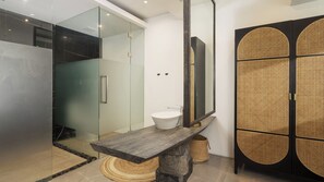 A modern bathroom with a glass shower enclosure, a white sink, and a large mirror. - Exclusive 3-Bed Villa in Amphoe Ko Samui, Sleeps 6, 1020 (Chang Wat Surat Thani)