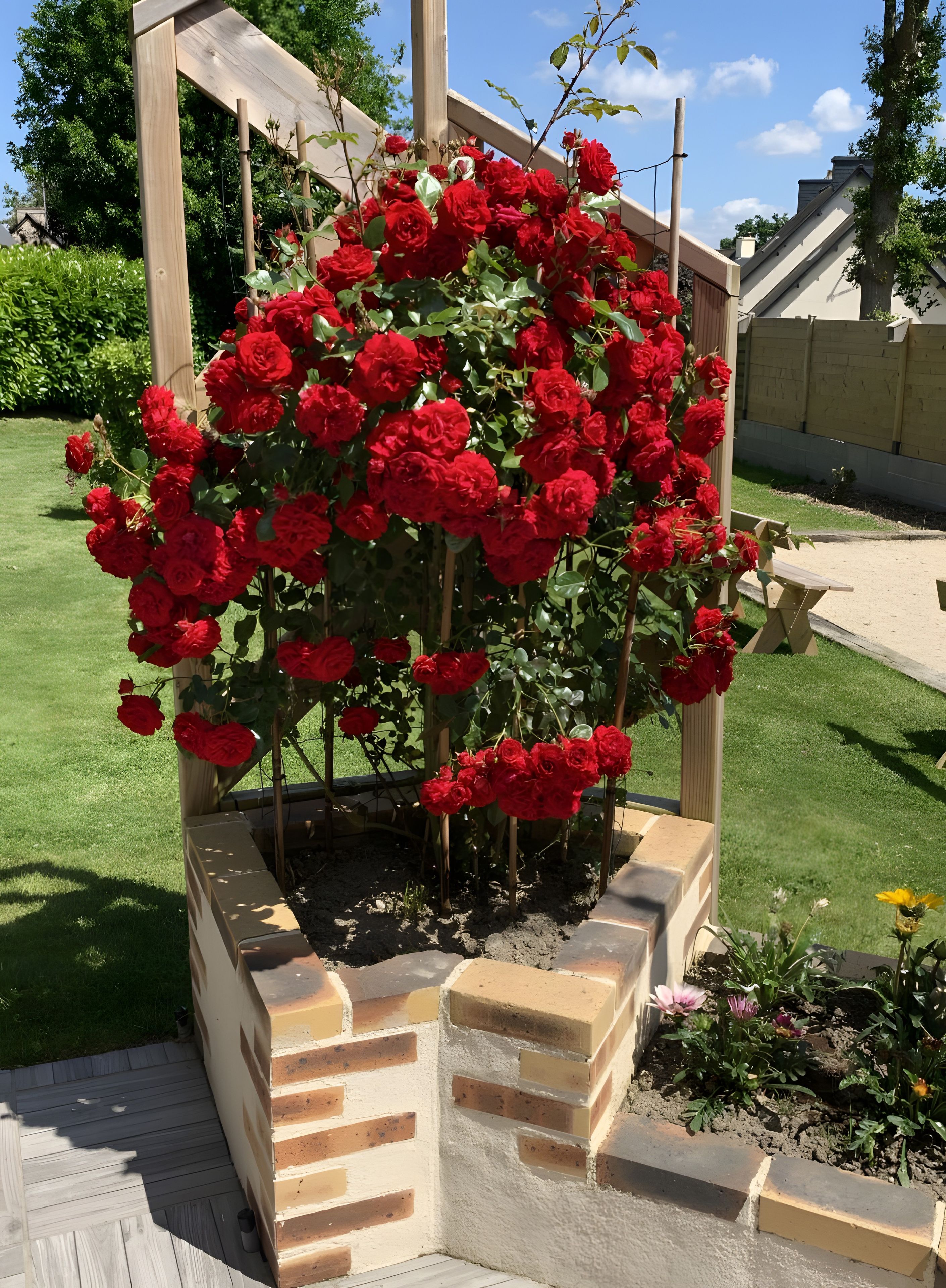A garden with a wooden pergola supporting a rose bush.