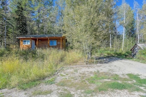 A wooden cabin with a metal roof, surrounded by dense forest and a gravel path leading to it.