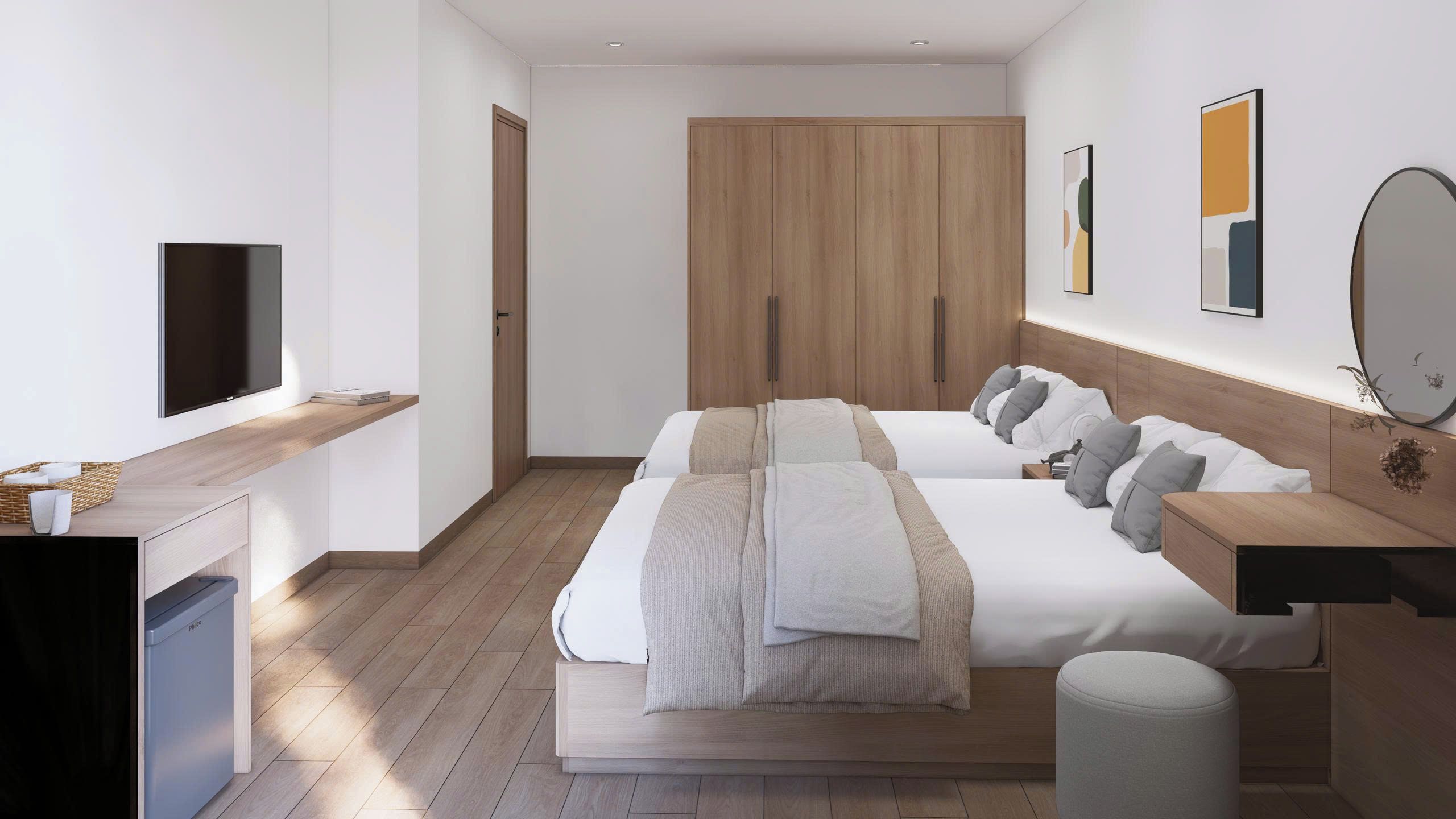 A modern bedroom with a large bed, a TV, a wooden wardrobe, and a bedside table.
