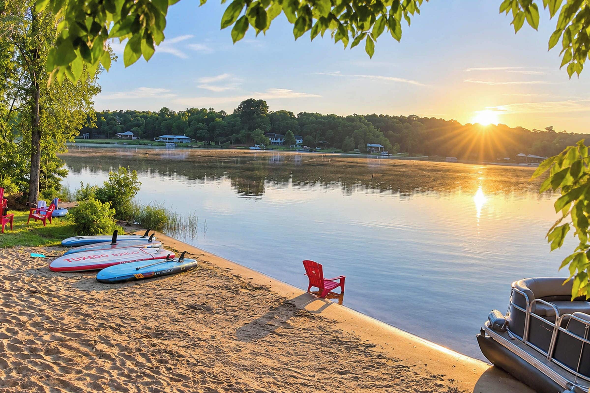 A lakeside setting with a sandy beach, a row of surfboards, a red chair, and a boat.
