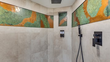 Zona de ducha con cabezal de ducha de lluvia, grifo de ducha de mano y panel de control en la pared con botones para diferentes funciones.
