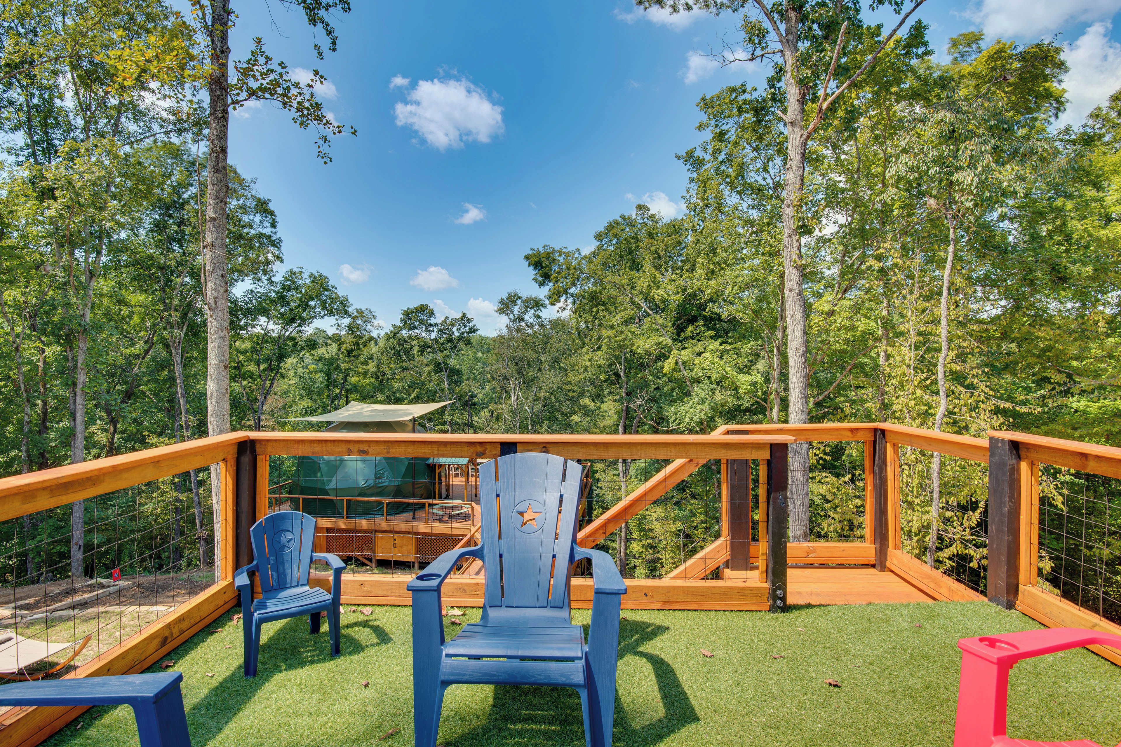 Una terraza de madera con cerramiento de vidrio, rodeada por un bosque.