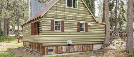 A rustic log cabin with a steep gabled roof, a small front porch, and a chimney.