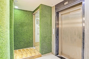 Un ascensor con interior metálico y pared verde con textura.