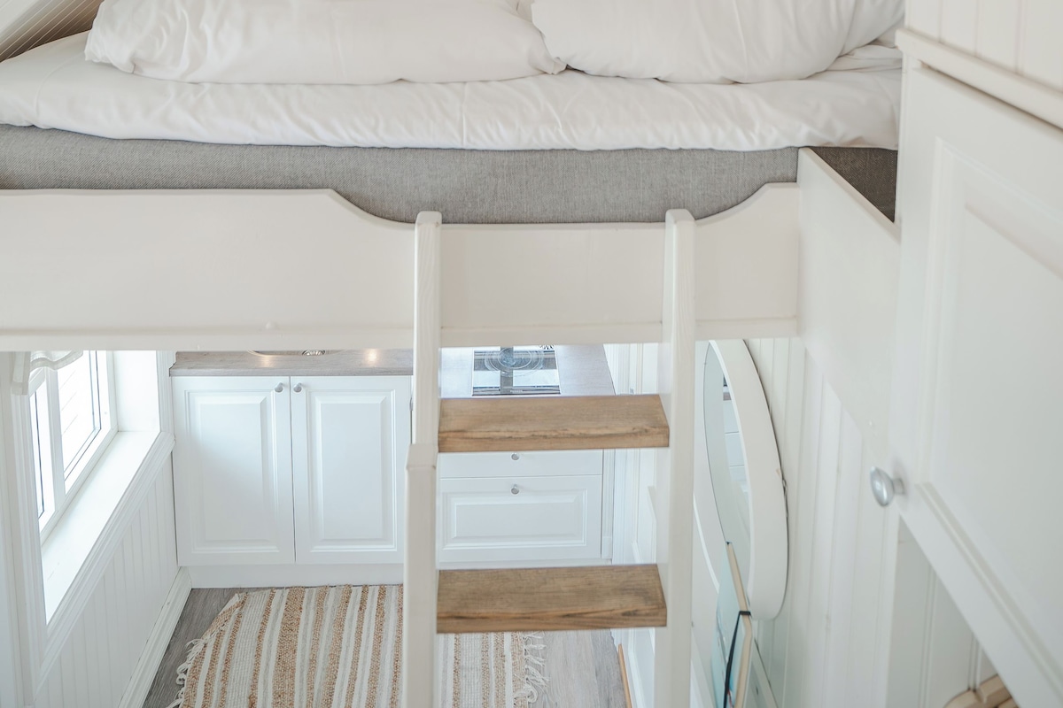 A bunk bed with a ladder, white walls, and a small window.