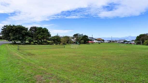 A grassy field with a soccer goal, picnic tables, and a playground structure.