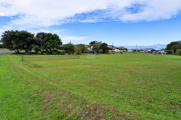 A grassy field with a soccer goal, picnic tables, and a playground structure.