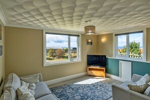 A living room with a large window, a flat-screen TV, and a patterned rug.