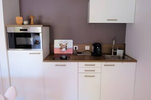 A compact kitchenette with a built-in oven, a coffee maker, and a sink. - Apartment 'Au Martin Pêcheur Côté Rivière' with Wi-Fi (Plobsheim)