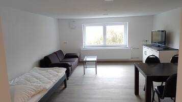 Habitación compacta con cama, sofá, una mesita, televisor en un mueble y ventana que proporciona luz natural.