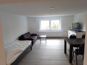 A compact room with a bed, a sofa, a small table, a TV on a cabinet, and a window providing natural light.