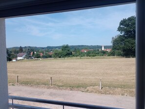 A rural landscape with a field, trees, and houses in the distance.