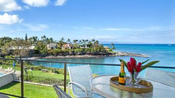 A balcony with a glass table, a bottle of champagne, and a vase with flowers. The view includes a clear blue sky, a calm sea, and a coastline with houses and palm trees.