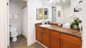 Un baño con inodoro blanco, tocador de madera y un espejo grande.