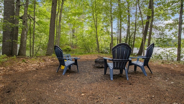 A campsite with two Adirondack chairs facing a lake, surrounded by trees.
