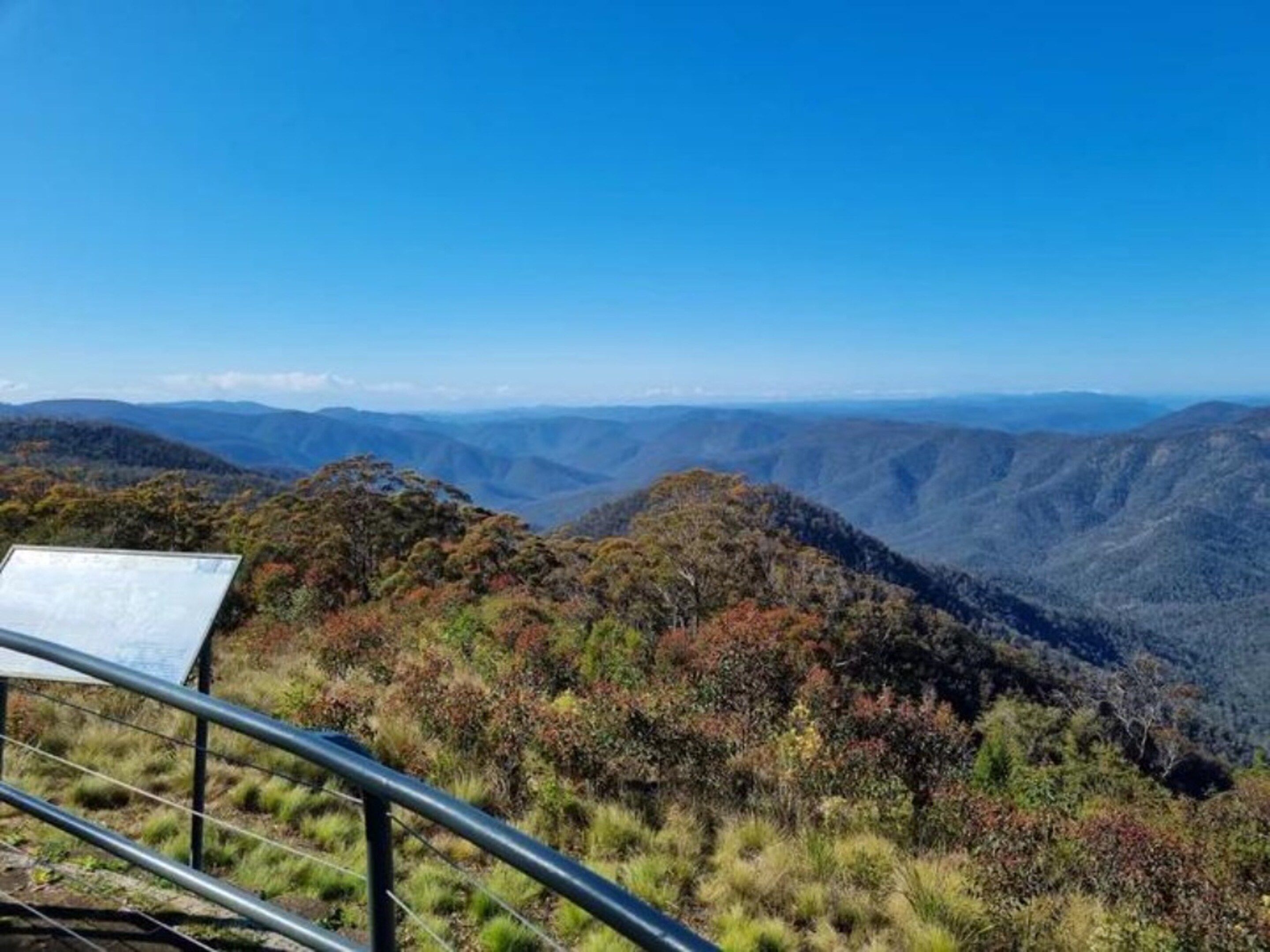 A panoramic view of a mountainous landscape with a clear sky.