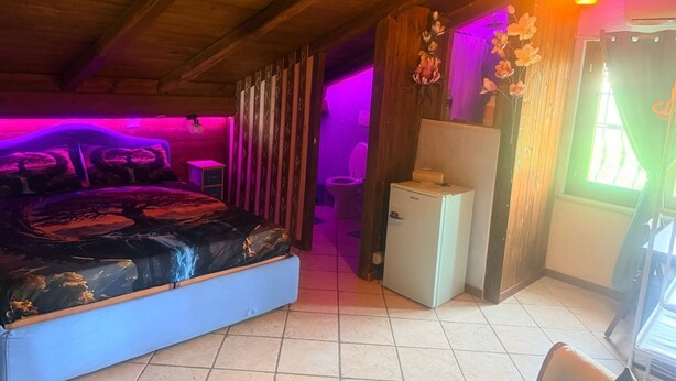 A room with a bed, a small refrigerator, and a window with curtains. - Room 'Dea' with Shared Pool, Wi-Fi and Air Conditioning (Santa Marinella)