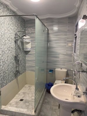 A modern bathroom with a glass-enclosed shower, a white sink, and a toilet. - Oscar Pyramids view (Giza)