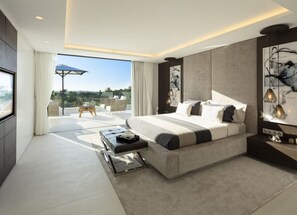 Ein modernes Schlafzimmer mit einem großen Bett, einer Sitzecke mit Blick und einem Balkon.