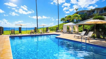 A swimming pool with lounge chairs and umbrellas, surrounded by a fence and palm trees, with a view of the ocean.