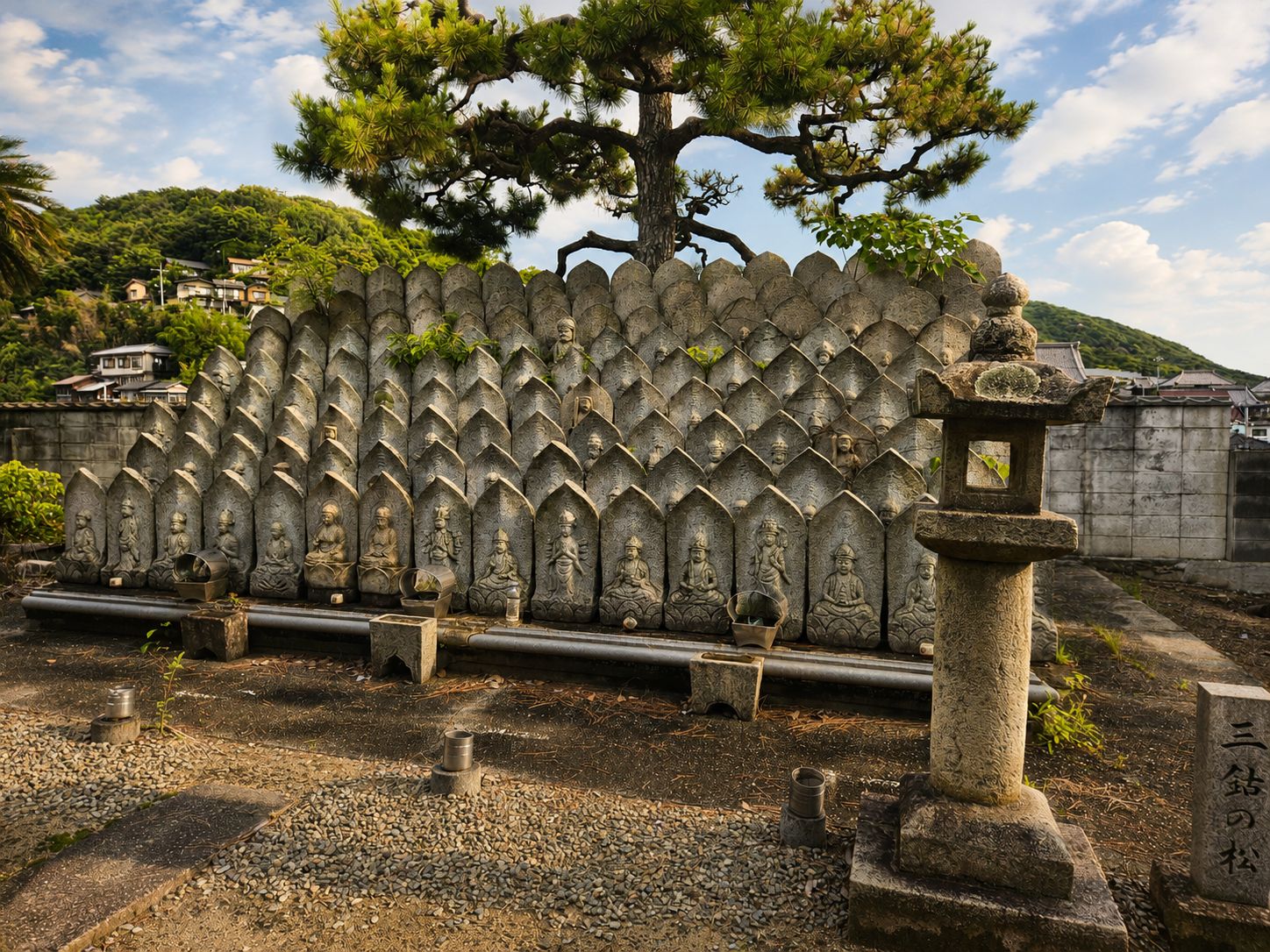 Un templo japonés tradicional con estatuas de piedra y un gran árbol al fondo.