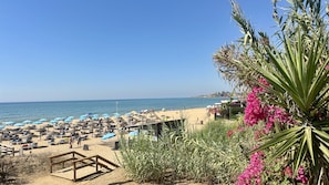 Une plage avec des transats et des parasols, une terrasse en bois et une vue sur la mer.