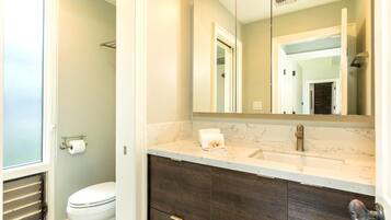 A bathroom with a toilet, a sink, a mirror, and a towel on the counter.