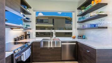 A modern kitchen with dark wood cabinets, stainless steel appliances, and a window overlooking a building.