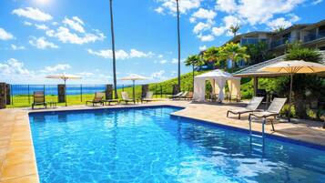 A swimming pool with lounge chairs and umbrellas, surrounded by a fence and palm trees, with a view of the ocean.