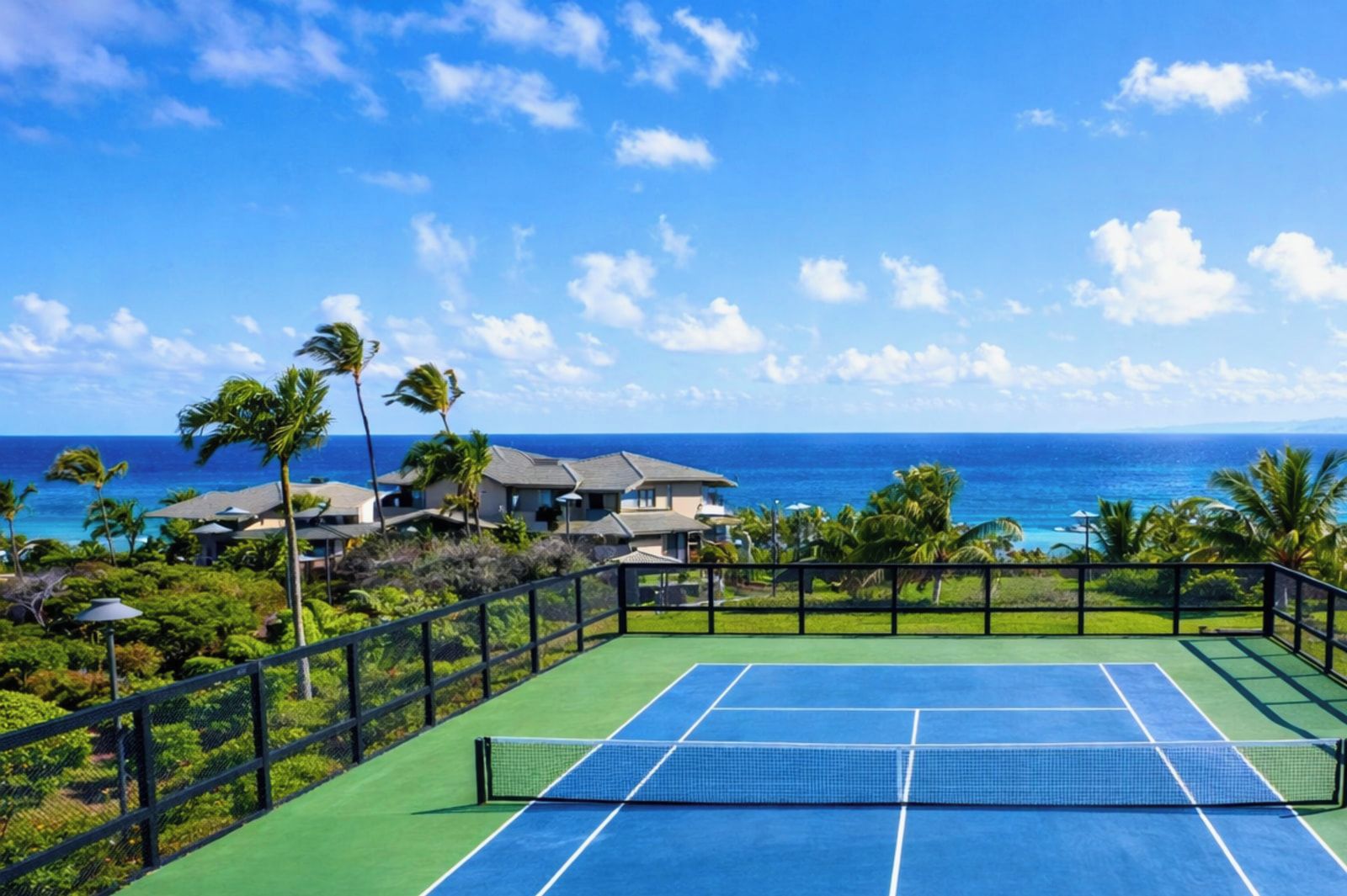 En tennisbane med net, omgivet af et hegn, med udsigt til havet og huse i baggrunden.