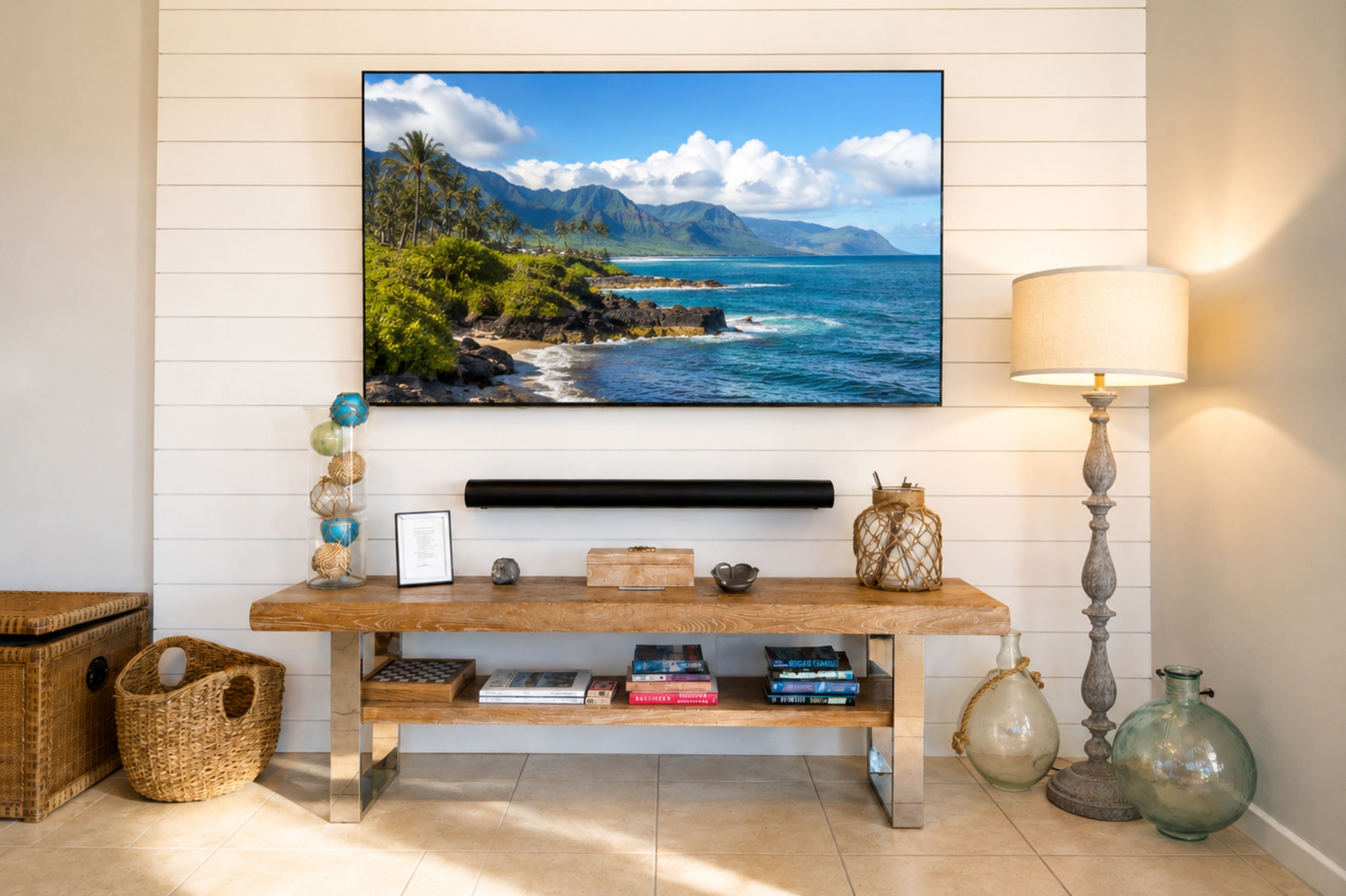 Un salon avec un téléviseur fixé au mur qui diffuse une image d’une plage tropicale, une console en bois ornée d’objets décoratifs, un lampadaire et une bibliothèque remplie de livres.
