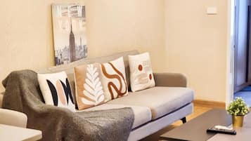 A living room with a sofa, decorative pillows, a remote control, and a small plant.