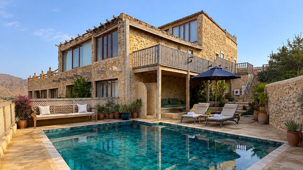 Ein zweistöckiges Steinhaus mit Swimmingpool, Außenbereich zum Sitzen und einer überdachten Terrasse.