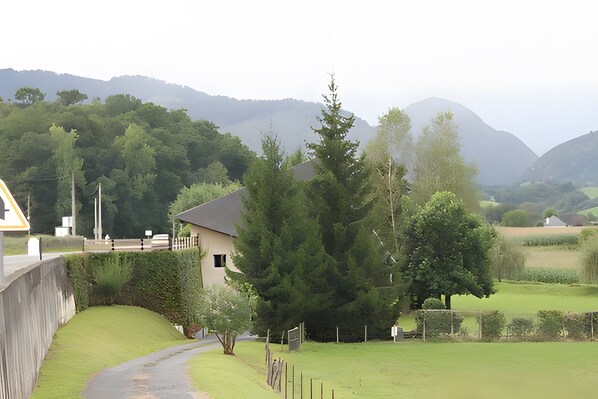 Un paysage rural avec une maison, un sentier et une montagne en arrière-plan.