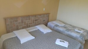 A room with two beds, each with a headboard and pillows.
