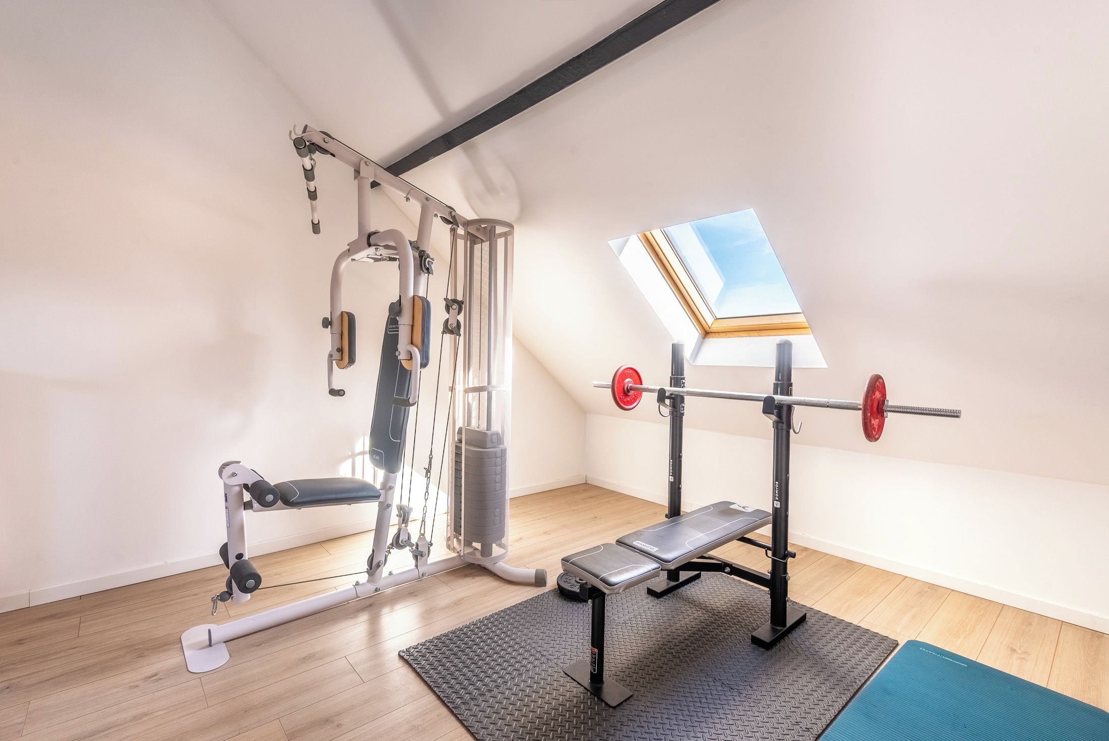 A gym with a bench press, squat rack, and a pull-up bar.