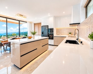 A modern kitchen with a large island, built-in appliances, and a view of the outdoors.