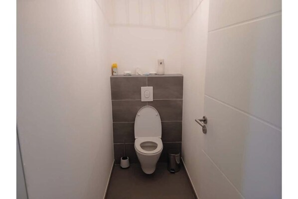 Ein kleines, schmales Badezimmer mit Toilette, Mülleimer und Toilettenpapierhalter an der Wand.