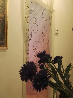 Un vano con una cortina estampada, un termostato en la pared y una planta en maceta con flores oscuras.