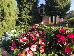 A garden with a variety of flowers and a building in the background. - Casa Riccardo in Villa (BARGA)