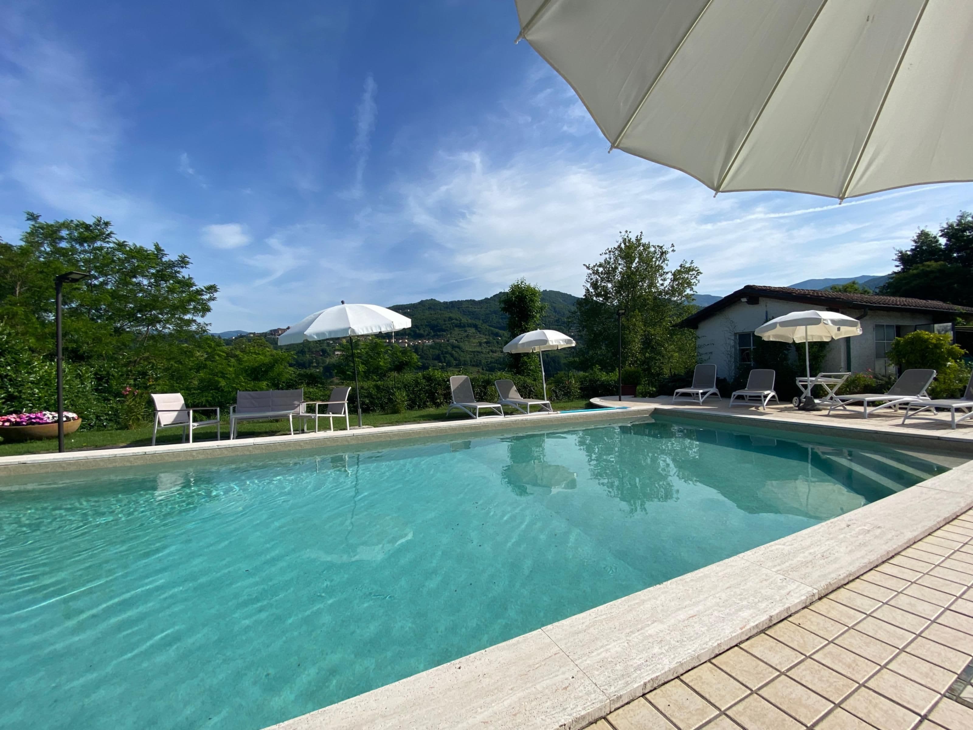 A swimming pool with lounge chairs and umbrellas, surrounded by greenery and a mountain view.