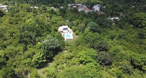 Una casa grande y aislada rodeada de un bosque denso, con piscina y un pequeño jardín.