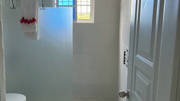 Une salle de bain comprenant des toilettes, un espace douche et une fenêtre.