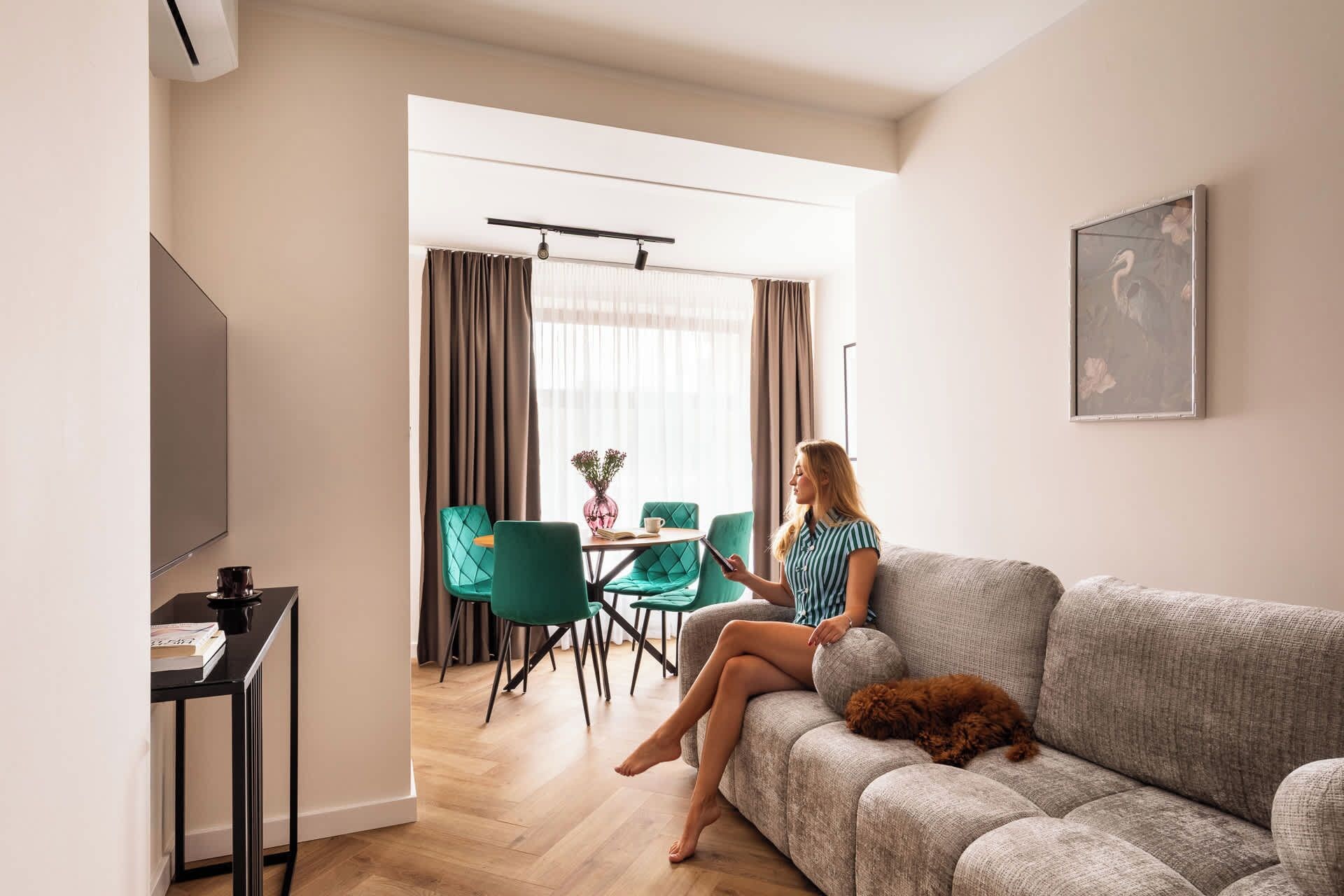 A living room with a sofa, a dining area with chairs, and a television.